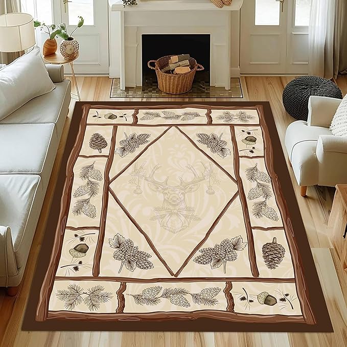 Country Cottage Deer Area Rugs 6x8ft Animal Plant Pine Cone Leaves Branches Patchwork Pattern Featured Indoor Floor Rugs, Vintage Style Non-Slip Non-Shedding Rugs for Farmhouse Office Living Room