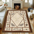 Country Cottage Deer Area Rugs 4x6ft Animal Plant Pine Cone Leaves Branches Patchwork Pattern Featured Indoor Floor Rugs, Vintage Style Non-Slip Non-Shedding Rugs for Farmhouse Office Living Room