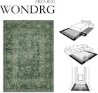 6x9 Washable Area Rug for Living Room Bedroom Green Vintage Distressed Rustic Carpet Non-Slip Low Pile Lightweight Vacuumable Soft Throw Rug for Indoor Dining Room Office