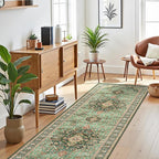 Green Runner Rugs 2x10 Boho Small Washable Area Rugs for Entryway Bathroom Kitchen, Long Rugs for Hallway Soft Low Pile Non-Slip Rubber Backing Oriental