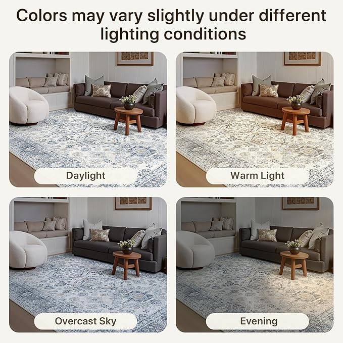 Bavni Washable Entry Rug 2x3, Non Slip Door Mat for Entryway or Kitchen, Vintage Print Low Pile Ultra Thin Indoor Rug, Light Blue