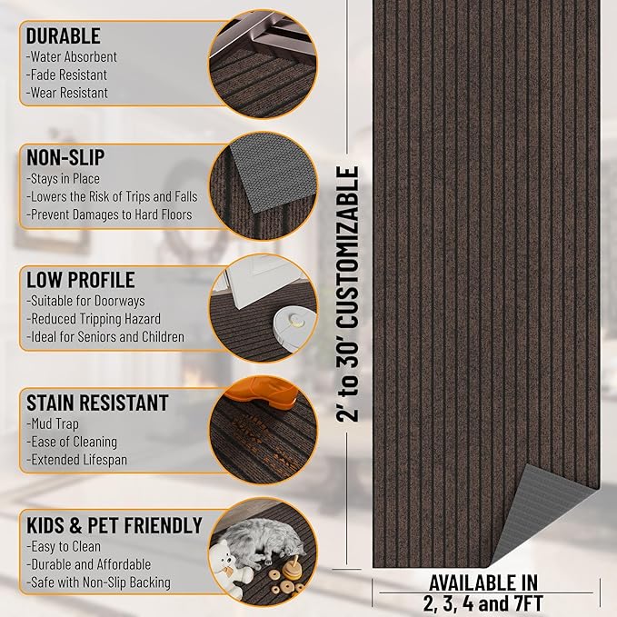 Ottomanson 2'7" x 35' Hallway Runner with Scraper Pile - Extra Durable Non-Slip Rug Mat for Indoor & Outdoor Use - Ideal for Kitchen, Entryway & Garage - High-Traffic Carpet, Brown