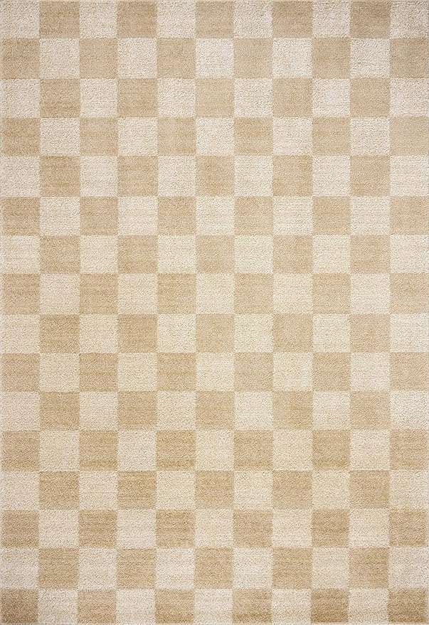 Loloi Chris Loves Julia Calvin Collection CLV-01 Wheat/Ivory 9'-6" x 12'-6" Area Rug Checkered Neutral Soft Living Room Bedroom Carpet