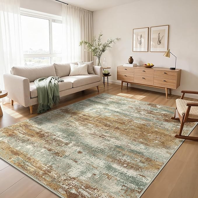 GENIMO Abstract Area Rug 8x10, Washable Large Modern Rug Non Slip, Low Pile Lightweight Soft Carpet for Living Room, Bedroom, Dining Room, Orange Green