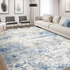 Area Rug Living Room Rugs - 7x9 Abstract Large Soft Indoor Washable Rug Neutral Modern Low Pile Carpet for Bedroom Dining Room Farmhouse Home Office - Blue