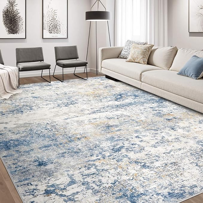 Area Rug Living Room Rugs - 10x14 Abstract Large Soft Indoor Washable Rug Neutral Modern Low Pile Carpet for Bedroom Dining Room Farmhouse Home Office - Blue