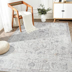 jinchan Kalen Area Rug 5x7 Washable Living Room Rug Vintage Indoor Floor Cover Retro Accent Mat Distressed Gray Floral Country Boho Non Slip Thin Carpet for Bedroom Kitchen Dining Room Office Grey