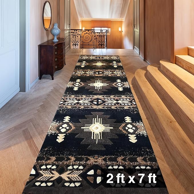 YHSF South West Native American Area Rug C318 - Easy Clean, Thick, Soft, Durable Native Tribal American Indian Inspired Rug for Bedroom/Living Room and More - Black, 2 Feet x 7 Feet