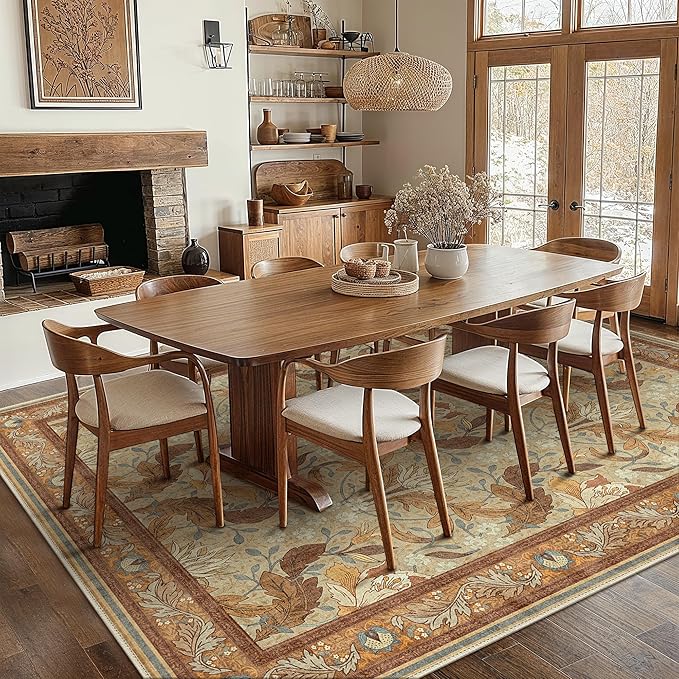 Bavni 8x10 Area Rugs for Living Room, Microfiber Machine Washable Non-Slip Vintage Floral Rug, Low Pile Lightweight Carpet for Bedroom, Dining Room, Home Office, Beige & Terracotta