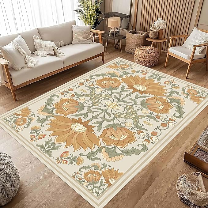 Abstract Sunflower Area Rugs, 4x6ft, Traditional Rustic Vintage Tropical Floral Theme Beige Farmhouse Boho Carpet, Shaggy Low Pile Fade Resistant Home Goods Rug for Living Room Kitchen