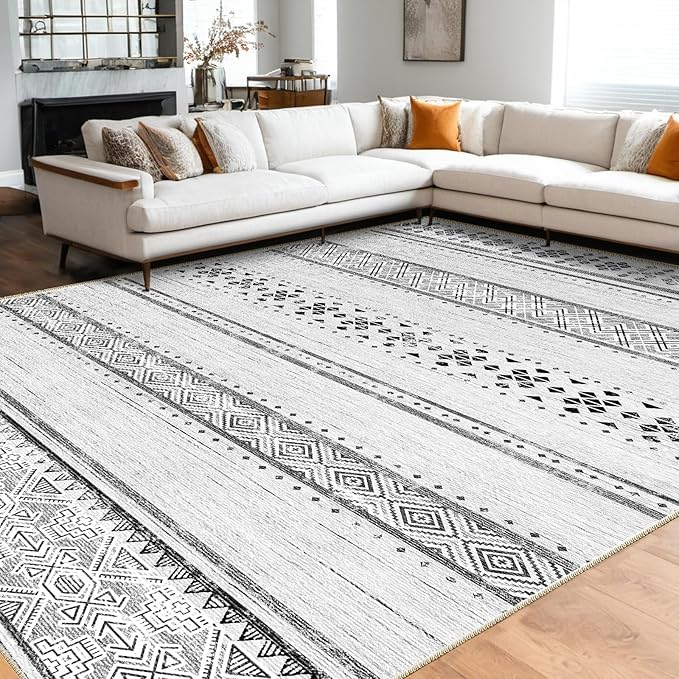 BESTSWEETIE 6x9 Area Rugs for Living Room Washable Moroccan Farmhouse Neutral Geometric Low Pile Non-Slip Soft Print Pattern Rug for Bedroom Kitchen Dining Room Entryway Grey/Black/Navy
