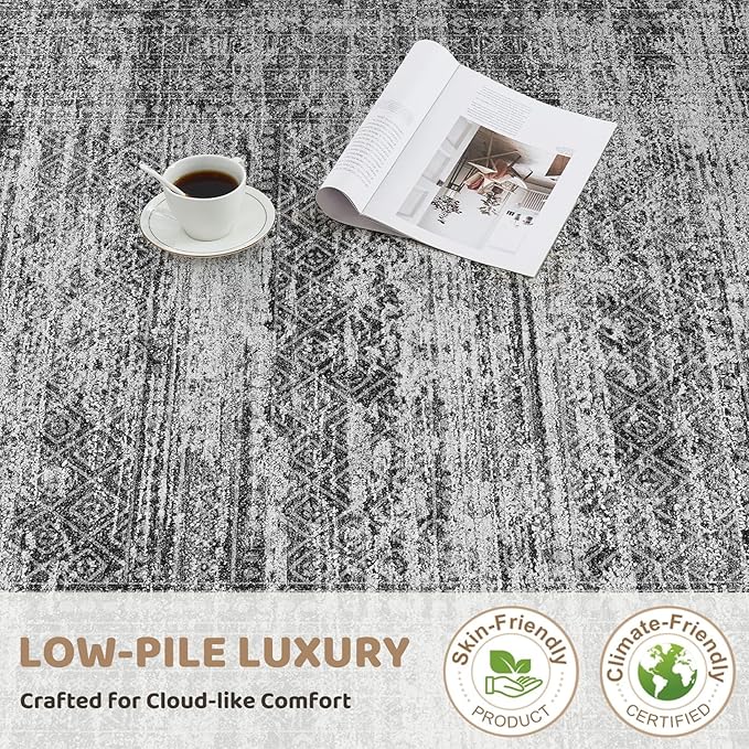 8x10 Area Rug Living Room Rugs - Washable Neutral Modern Abstract Soft Thin Rug Indoor Floor No Slip Rug Carpet for Bedroom Under Dining Table Home Office Decor - Dark Gray