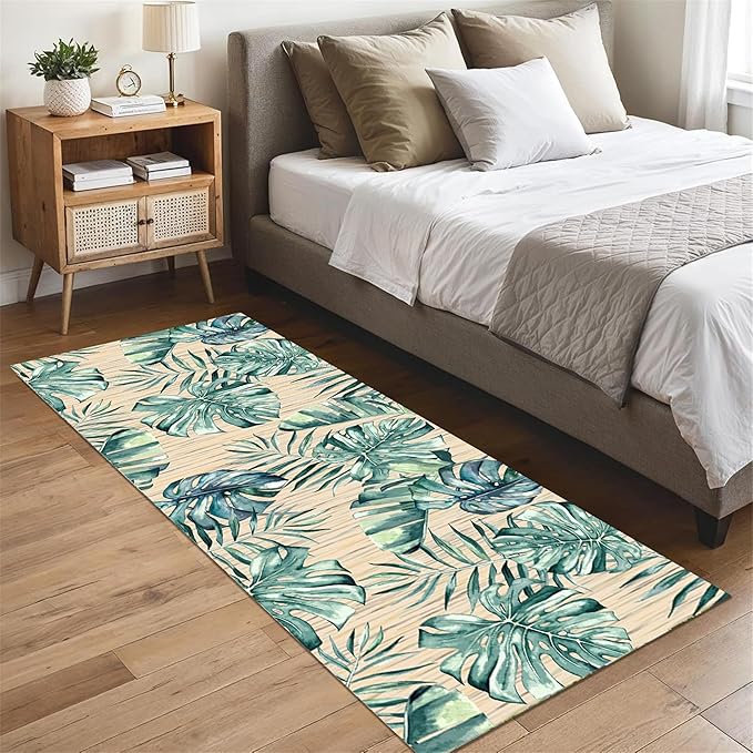 Tropical Palm Leaf Runner Rug 2x10 ft - Green Plant Pattern Non-Slip Rug, Stain Resistant Easy Clean for Hallway, Living Room, Bedroom Floor Mat