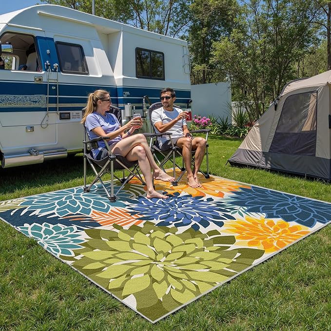 Colorful 9x12 Outdoor Area Rug Washable Multicolored Patio Rug Tropical Botanical Floral Chenille Waterproof Outdoor Carpet Non-Slip for Deck, Backyard, Porch, Green