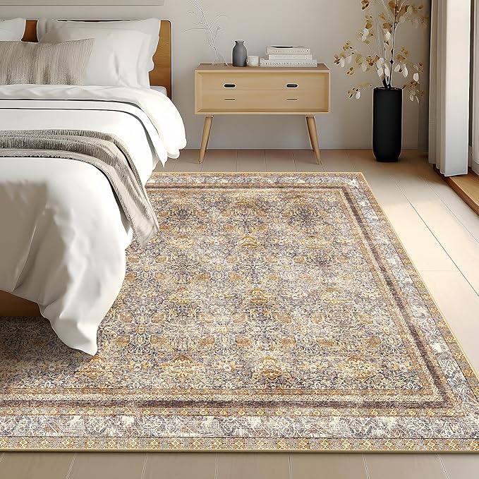 Phantoscope Washable Area Rug 5'x7' Non-Slip, Vintage Neutral Rugs for Living Room, Bedroom, Dining Room, Distressed Boho Floral Medallion Pattern, Low-Pile Foldable Carpet, Brown/Charcoal Spice