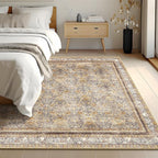Phantoscope Washable Area Rug 5'x7' Non-Slip, Vintage Neutral Rugs for Living Room, Bedroom, Dining Room, Distressed Boho Floral Medallion Pattern, Low-Pile Foldable Carpet, Brown/Charcoal Spice