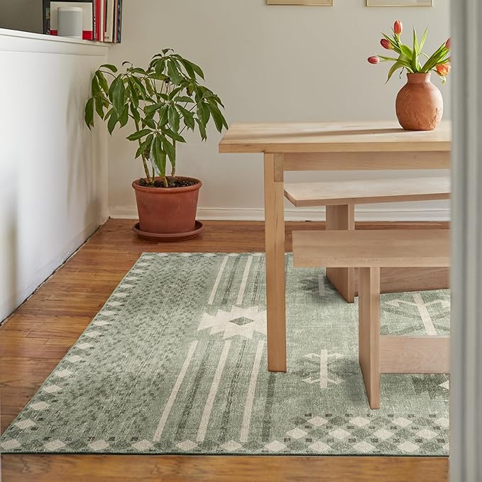 Revival Rugs Flam 8'x10' Zero-Shedding Area Rug for Living Room Bedroom - Oeko-TEX Certified, Low Pile, Spot Clean, Green