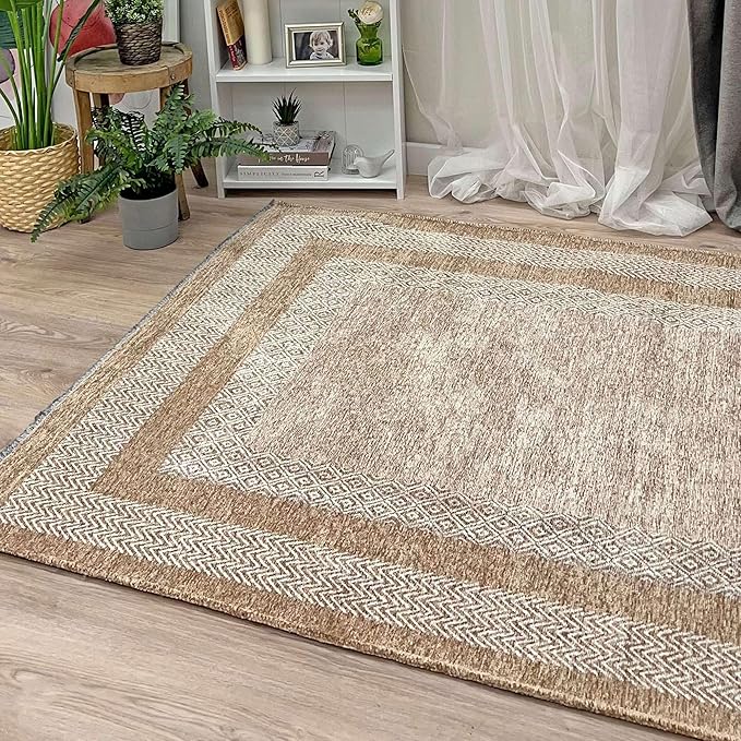 Alfa Rich 7x10 Beige Cream Washable Area Rugs for Living Room Bedroom Kitchen Dining Cotton Rug