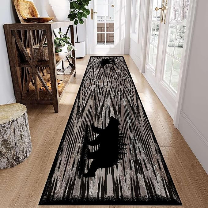 Rustic Cabin Runner Rug, 4x12ft, Vintage Lodge Wood Grain Wild Animal Black Bear Print Long Hallway Rug, Non-Slip Washable Carpet with Rubber Backing for Hallway Walkway Entry Foyer