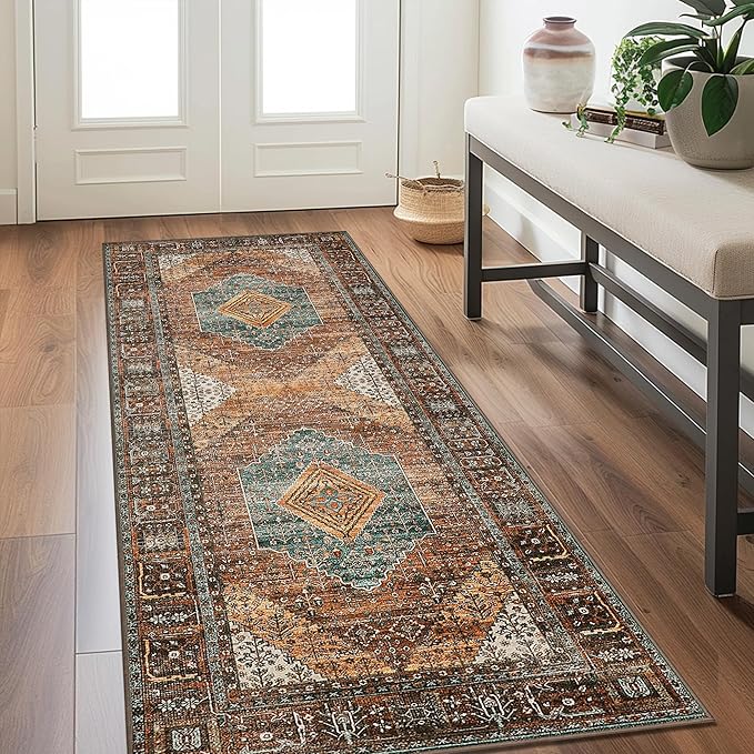 Bavni Runner Rug 2x10 Kitchen Rugs for Hallways Entryway, Washable Print Carpet, Low Pile Lightweight Rug with Non Slip Backing, Vintage Brown/Blue
