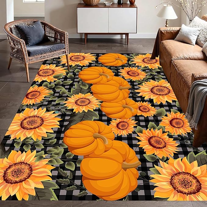 Autumn Style Area Carpet, 3x5ft, Checkered with Sunflower and Pumpkin Fall Harvest Large Flower Rug, Fluffy Short Pile Rubber Backed Farmhouse Door Mat for Study Room Front Door