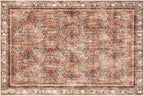 Phantoscope Washable Area Rug 6'x9' Non-Slip, Vintage Neutral Xmas Rugs for Living Room, Bedroom, Dining Room, Distressed Boho Floral Medallion Pattern, Low-Pile Foldable Floor Carpet, Brick Red/Black