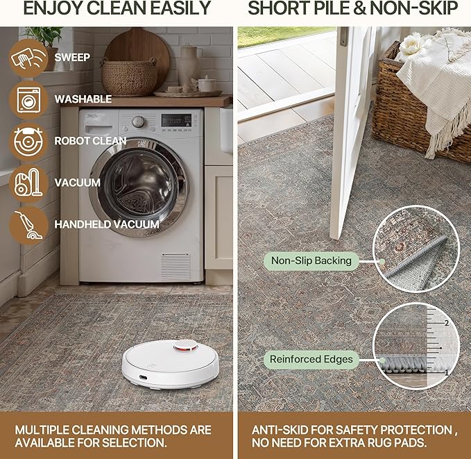 2x10 Runner Rug Machine Washable Boho Runners for Hallway,Ultra-Thin Low Pile Rug,Lightweight Indoor Carpet,Non Slip Floral Runners for Enrtyway, Corridor, Home Office, Kitchen,Grayish Blue