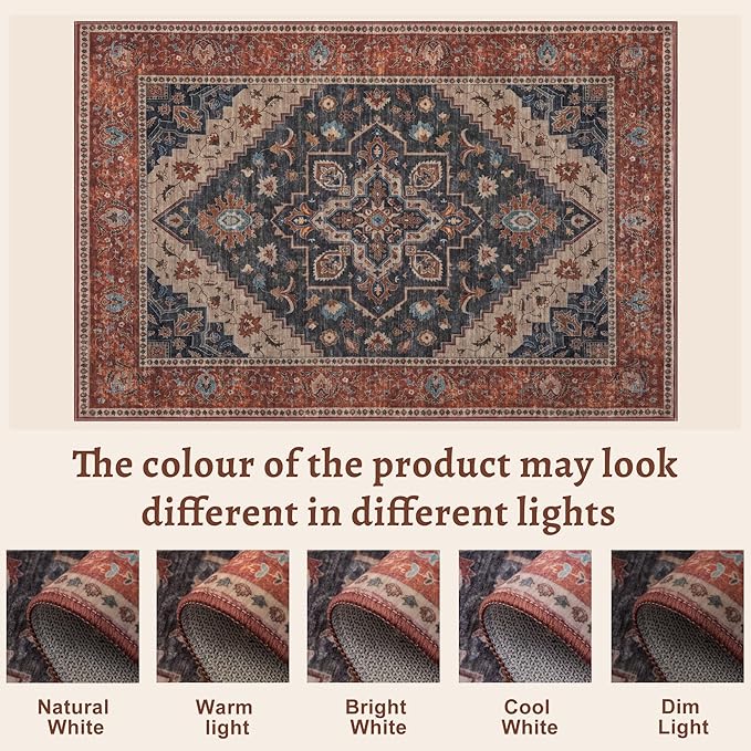Tangsoo 5x7 Area Rug Washable Rug for Living Room, Vintage Rugs Indoor Non Slip Large Area Rugs, Print Carpet, Soft Low Pile Rugs Foldable Floor Rug for Bedroom Dining Room Dorm Dark Blue/Orange