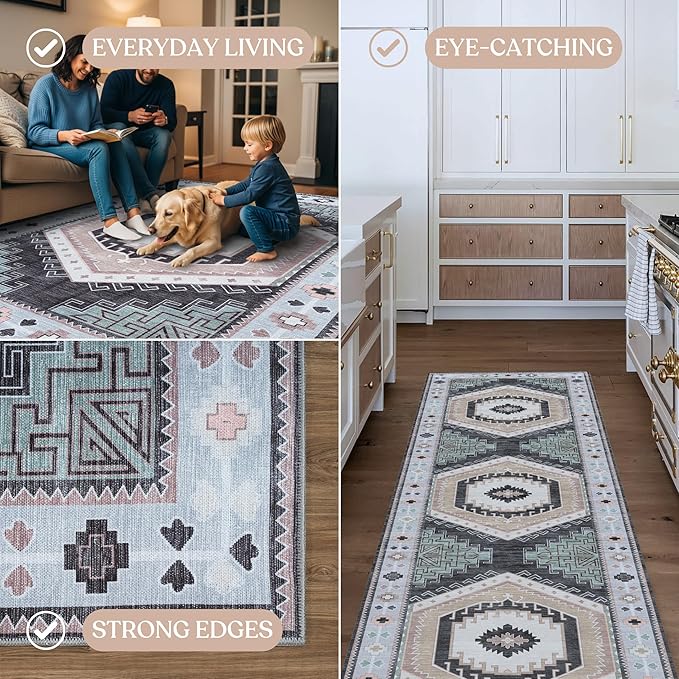 Fame Living Washable Area Rug. Modern Farmhouse. Vintage. Turkish. Bohemian. Distressed. Oriental. Traditional. Rugs for Living Room. Dining. Bedroom. Office. Entryway. (856BlckGry, 5'9" x 8'9")