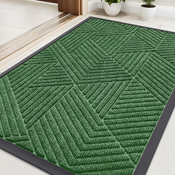 Kitinjoy Front Door Mat Outside Entrance, Sturdy Natural Dirt Trapper, Heavy Duty Rubber Doormat, Low Profile Non-Slip Backing, Easy Clean Floor Mat for Indoor Outdoor Entry, 35X23 Inch, Green