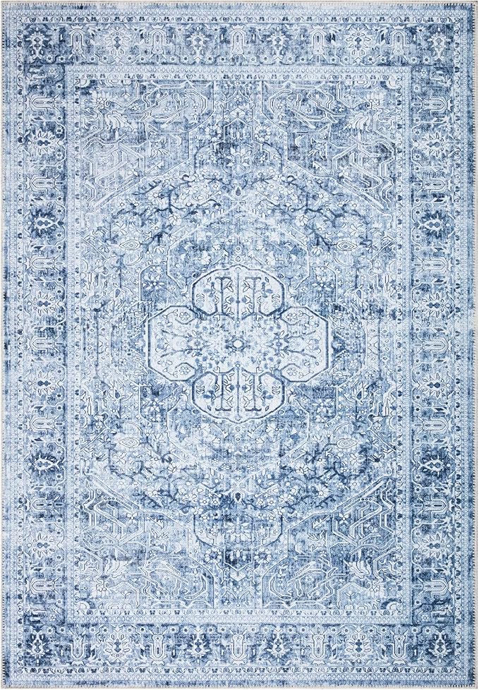 Bloom Rugs Washable Non-Slip 3' x 5' Rug - Ivory/Denim Blue Traditional Medallion Area Rug for Living Room, Bedroom, Dining Room, and Kitchen - Exact Size: 3' x 5'