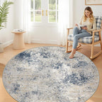 8ft Washable Round Rug - 8x8 Area Rugs Modern Abstract Rugs for Living Room Non-Slip Low Pile Soft Machine Washable Carpet for Bedroom, Living Room, Dining Room, Nursery, Farmhouse (8'x8' Beige Blue)