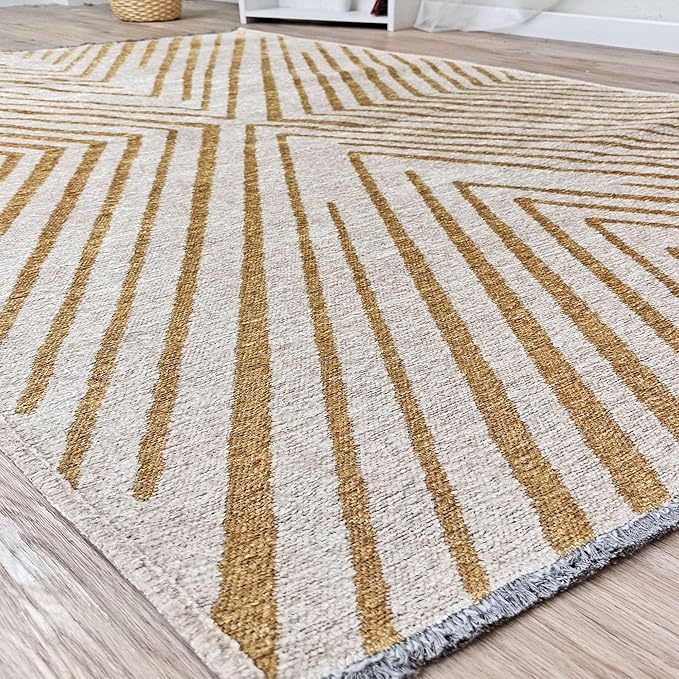 Alfa Rich 7x10 Geometric Gold Off White Washable Area Rugs for Living Room Bedroom Cotton Rug