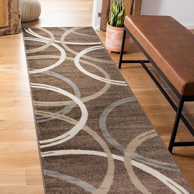 Rugshop Modern Wavy Circles Design Runner Rug, Non-Shedding Carpet for Hallway, Kitchen, or Entryway, Brown, 2'7" x 6'