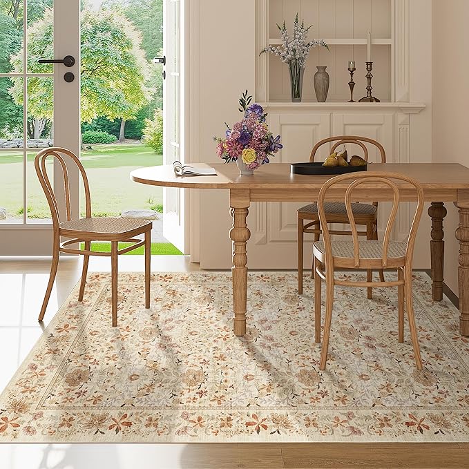 DUKINO 3x5 Area Rug, Vintage Floral Washable Rug for Bedroom with Non Slip Design, Soft Low Pile Indoor Small Carpet for Bedroom, Farmhouse, Living Room, Office, Bathroom, Beige