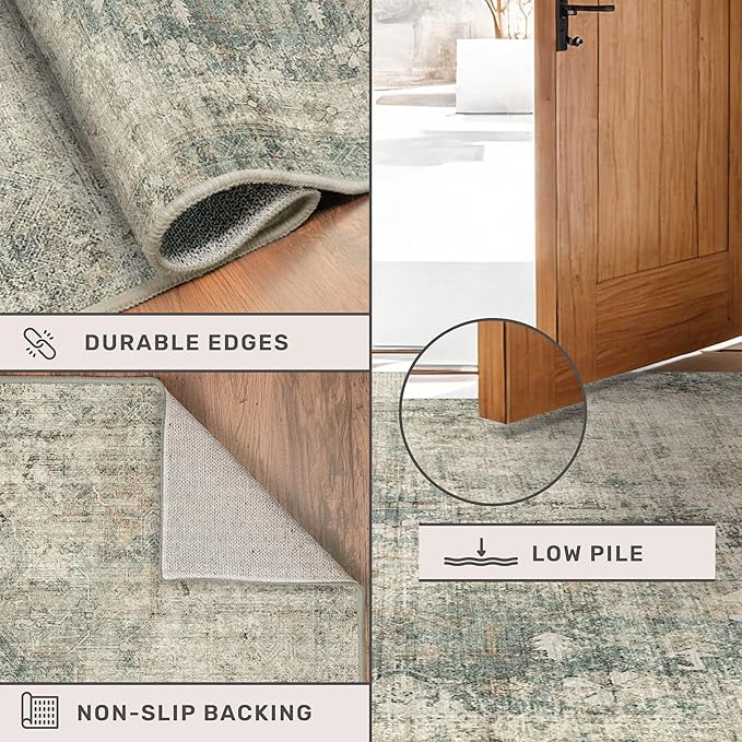 Neutral Dark Rugs for Living Room - 6x9 Washable Rug for Dining Room Table, Bedroom Under Bed, Ultra-Thin Soft Textured Moss Green Indoor Decor