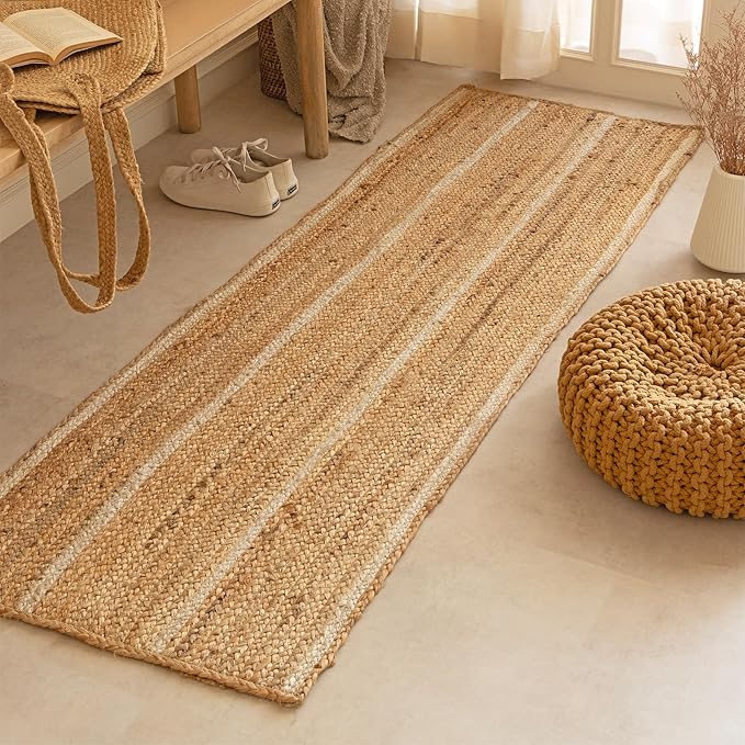 HOMEMONDE Braided Jute Runner Rug 2x6 ft Natural and Off White Stripe - Premium Fiber - Hand Woven Rustic Vintage Reversible Area Rugs for Entryway, Bedroom, Kitchen, Living Room, Dining Room