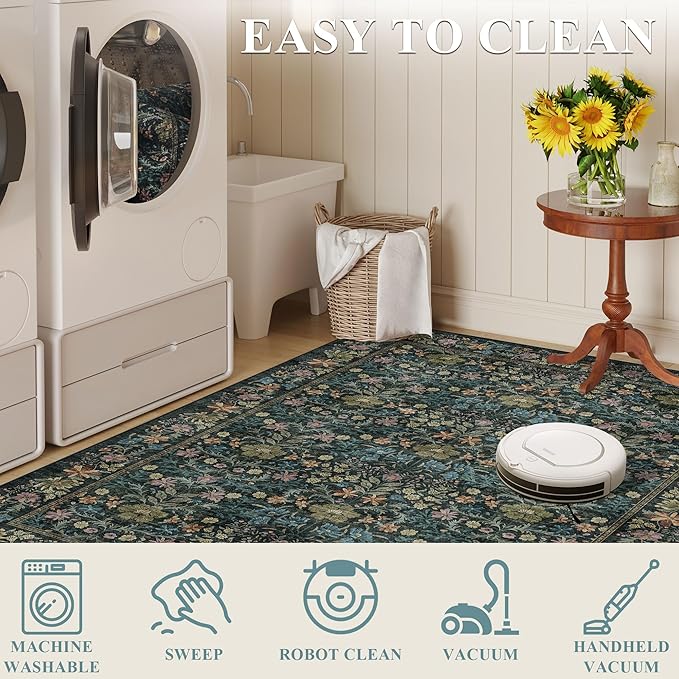 DUKINO 4x6 Rugs for Living Room, Lightweight Non Slip Washable Rug with Low Pile Design, Vintage Floral Non-Shedding Soft Carpet for Living Room, Bedroom, Farmhouse, Office, Bathroom, Blue