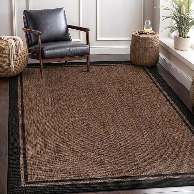 CAMILSON Indoor Outdoor Rug, 8x10 Bordered Nut Brown Black Modern Area Rugs for Indoor and Outdoor Patios, Kitchen and Hallway Mats, Washable Porch Deck Outside Carpet (Bordered Nut Brown, 8 x 10)