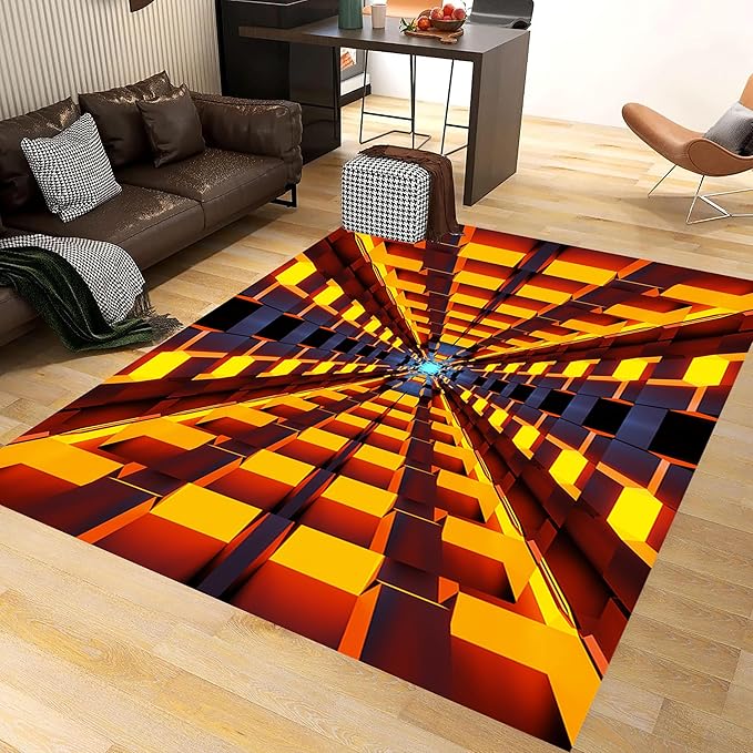 3D Abstract Grid Area Rug, 4x5ft, Visual Illusion Realistic Cave Indoor Carpets, Orange Three Dimensional Pattern Floor Mat, Easy Clean Breathable Washable Rugs for Indoor Family