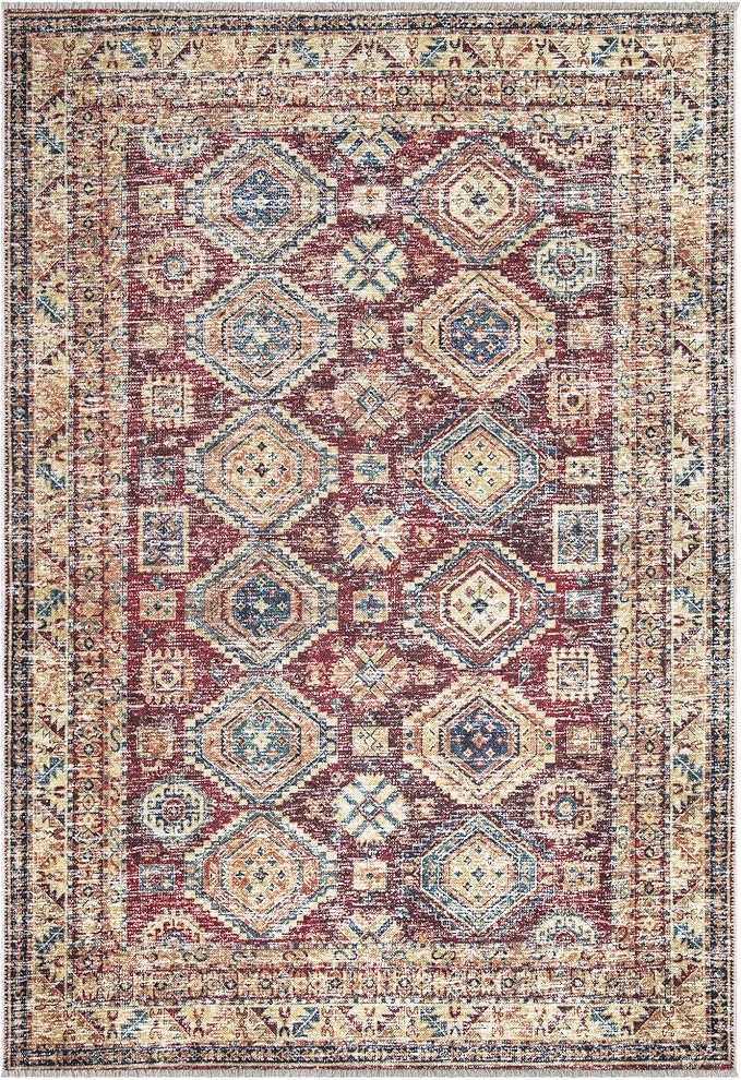 Bloom Rugs Washable Non-Slip 2x3 Rug - Dark Red/Multicolor Traditional Oriental Area Rug for Living Room, Bedroom, Dining Room, and Kitchen - Exact Size: 2' x 3'