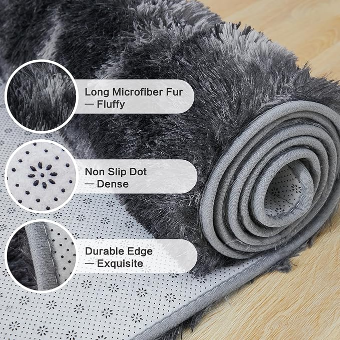 Andency 6x9 Area Rugs, Large Shag Fluffy Soft Shaggy Rugs for Living Room Bedroom, Non-Slip Tie-Dyed Dark Grey Thick Plush Carpet for Kids Girls and Boys, Dorm Nursery Home Decor Aesthetic
