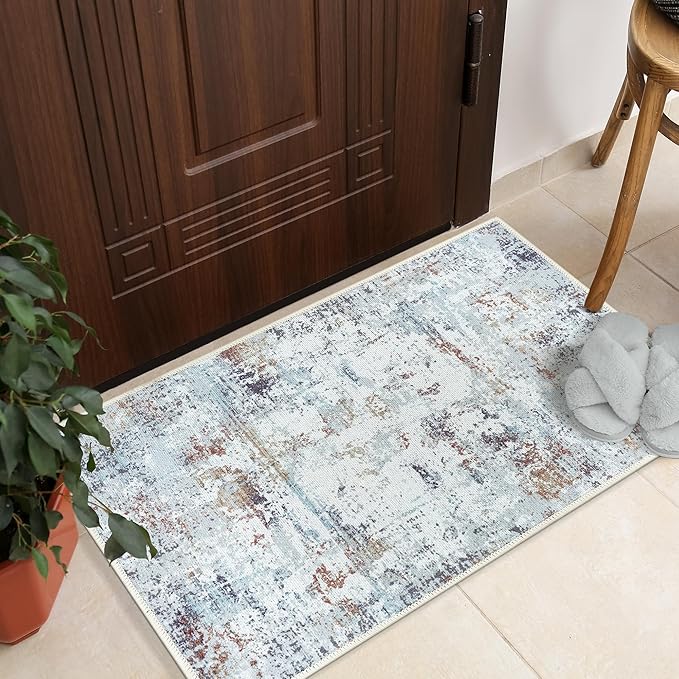 GLN Rugs Contemporary Collection - Machine Washable Area Rug, Contemporary Washable, Non Slip, Low Pile Chenille Rug, Living Room, Bedroom, Kitchen Rug (2' x 3' White/Grey/Blue/Brown)