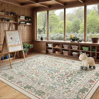 Beige Floral 8x10 Area Rugs for Living Room Large Washable Rug Vintage Forest Low Pile Non Slip Stain Resistance Soft Carpet for Dining Room, Bedroom, Office Rug, Kids Room, Nursery Room, Playroom