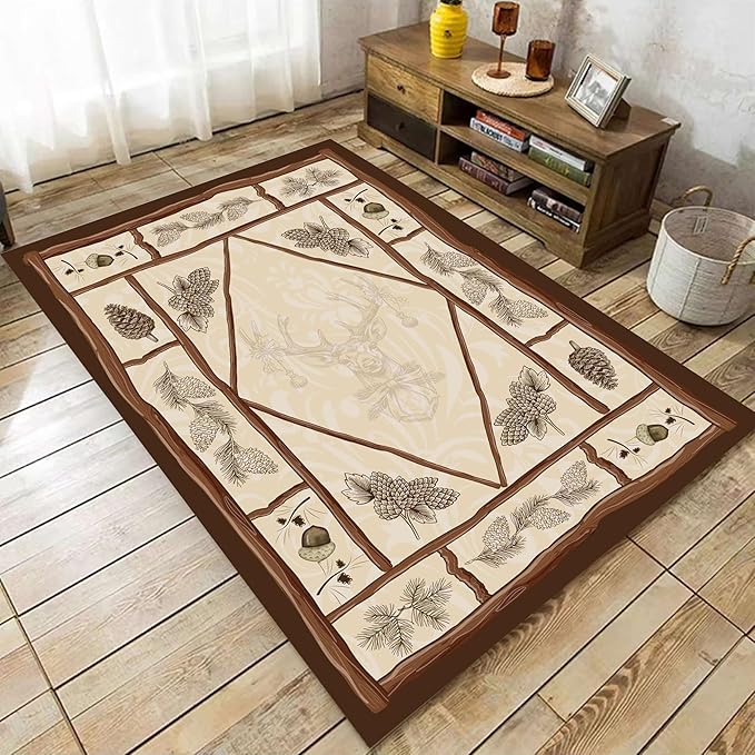 Country Cottage Deer Area Rugs 6x8ft Animal Plant Pine Cone Leaves Branches Patchwork Pattern Featured Indoor Floor Rugs, Vintage Style Non-Slip Non-Shedding Rugs for Farmhouse Office Living Room