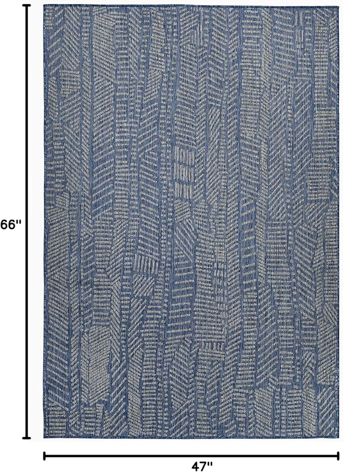 FH Home Flat Woven Outdoor Rug - Waterproof, Easy to Clean, Stain resistant - Premium Polypropylene Yarn - Modern Abstract - Patio, Deck, Porch, Balcony,Laundry Room - Suez - Blue - 3ft 11in x 5ft 6in