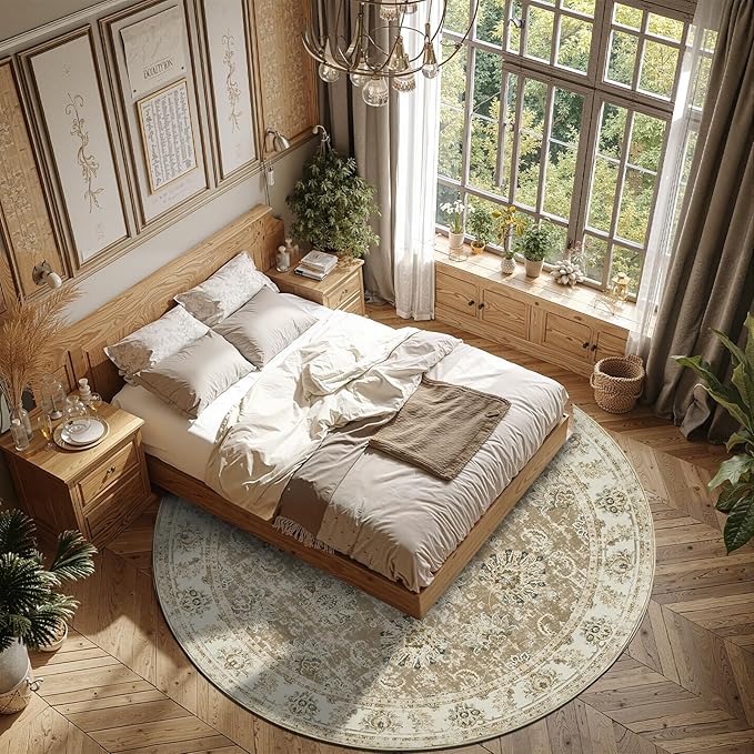 jinchan Fiora Round Rug 8ft Area Rug - Taupe Vintage Floor Mat Indoor Ultra-Thin Soft Floral Print - Washable Circle 8' Retro Accent for Farmhouse Non Slip Dining Room Living Room Bedroom Office