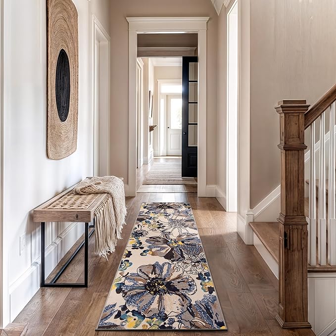 Rugshop Cream Bright Flowers Non Slip Non-Shedding Runner Rug for Hallway, Corridor and Kitchen, 2'7" x 12'