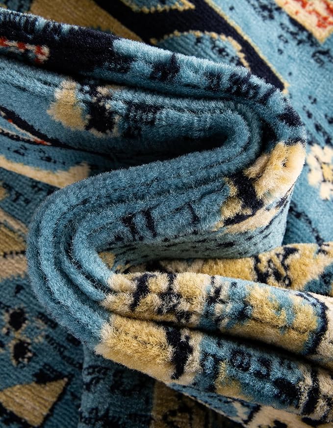 Unique Loom Taftan Collection Border Geometric Tribal Inspired Design Area Rug, 7 ft x 10 ft, Light Blue/Gold
