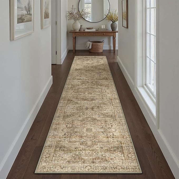 Brown Multi Hallway Runner Rug 2x6 Vintage Washable Distressed Area Carpet Kitchen Indoor Non Slip Long Traditional Medallion Retro Accent Throw Rug for Bedroom Laundry Dining Living Room